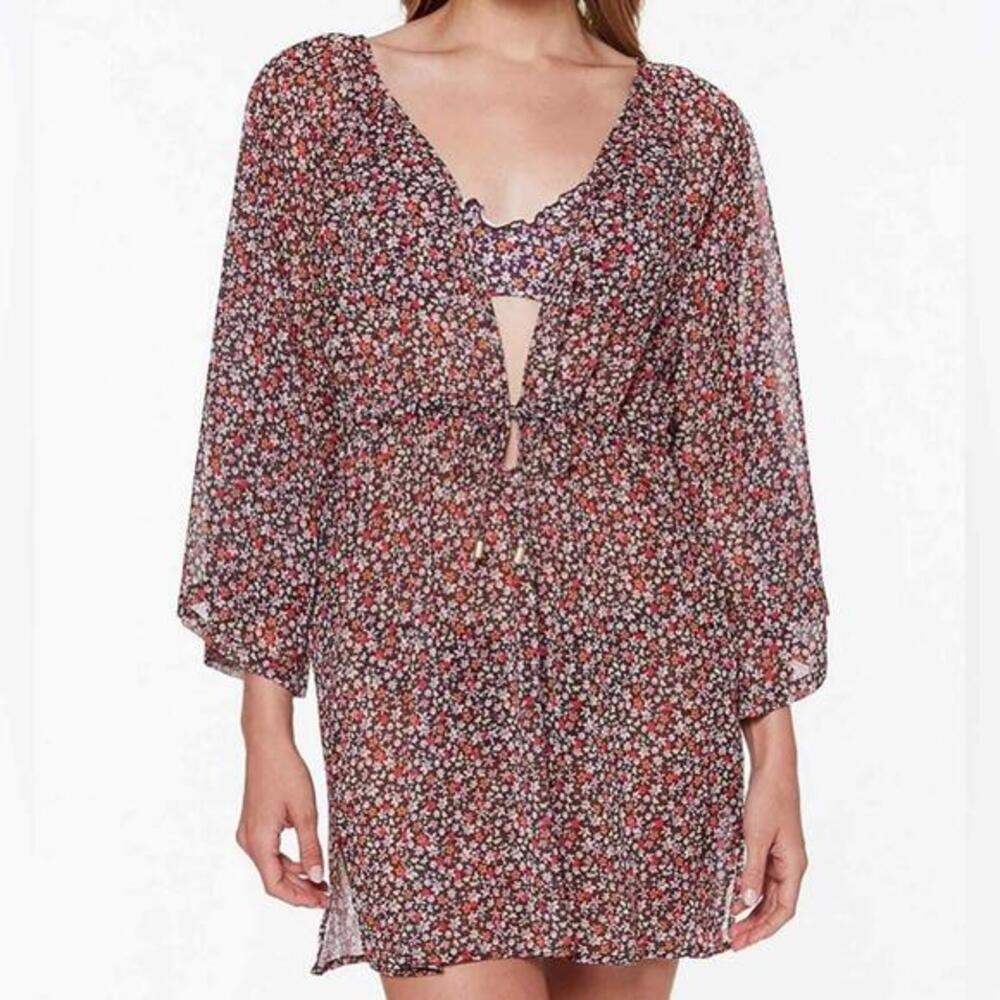 Micro Garden Dot Crinkle Chiffon Floral Print Swim Cover Up - Size Small NWT